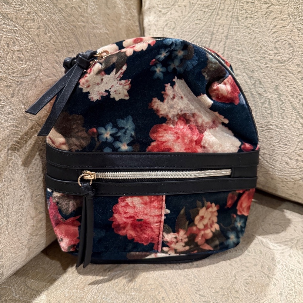 Floral Velvet Women's Mini Backpack with Black Accents